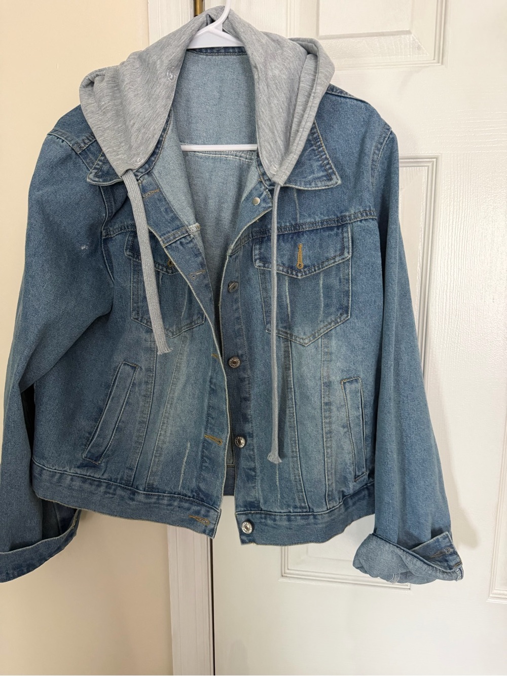 SHEIN Light Blue Denim Jean Jacket with Gray Hood